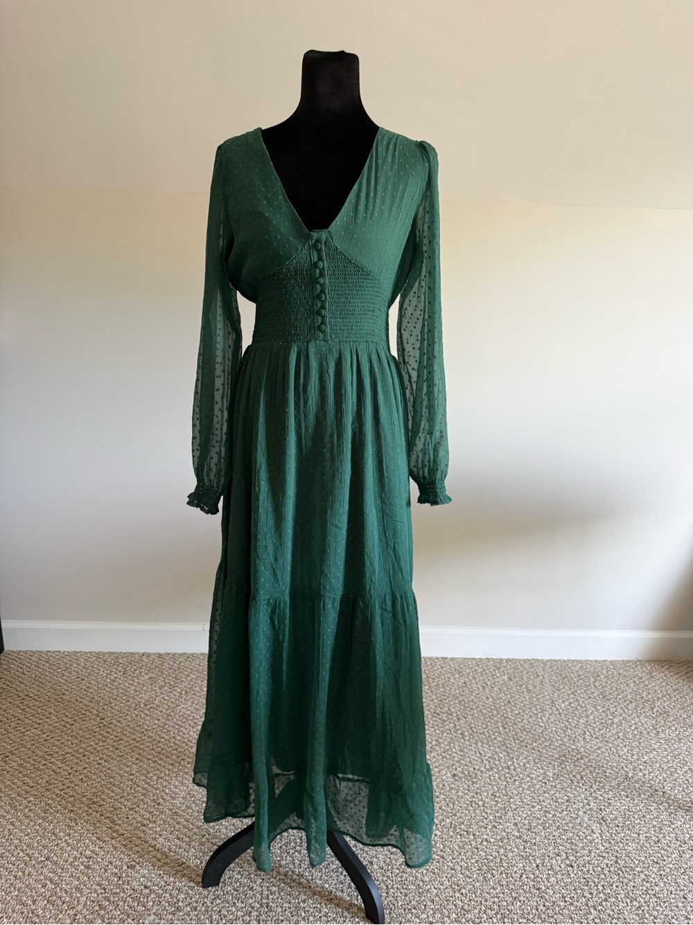 Patrons of Peace S Emerald Green Swiss Dot Smocked Maxi Dress